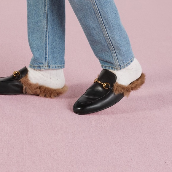 Gucci Princetown Leather & Lamb Fur Mules - Picture 1 of 7